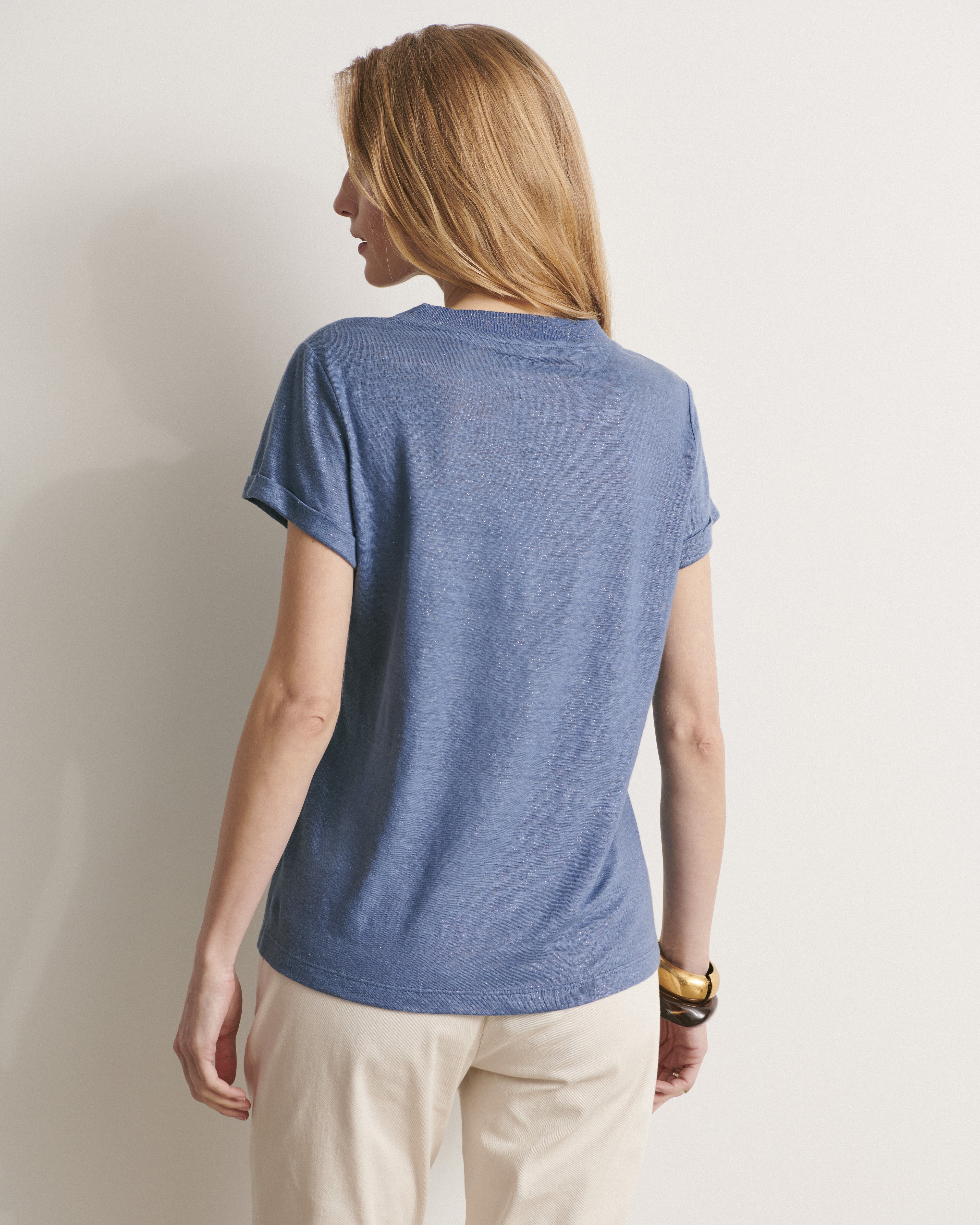 tee-shirt manches courtes bleu en lin irisé