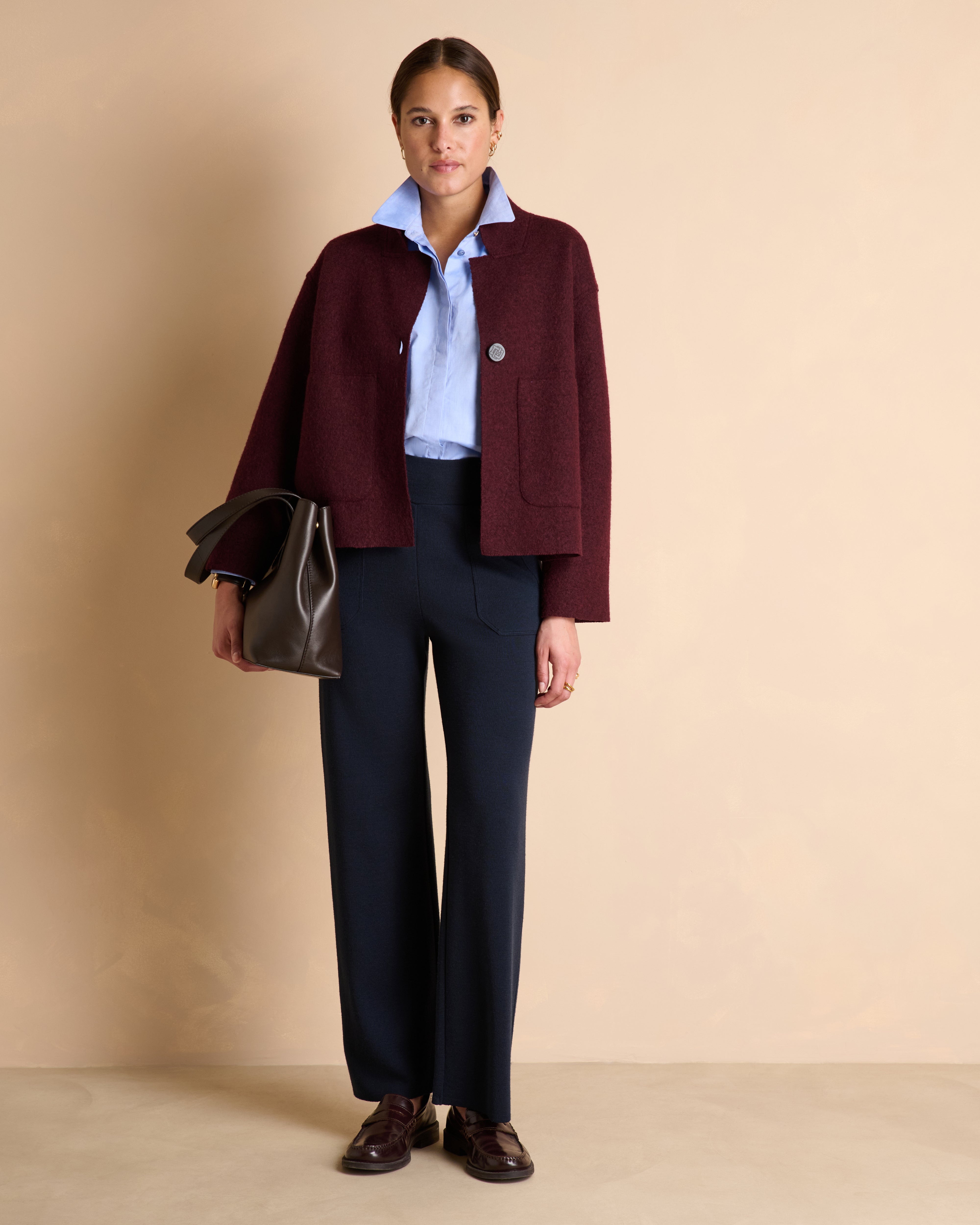 Veste courte bordeaux en laine bouillie col montant VEWTON1927/14204/816
