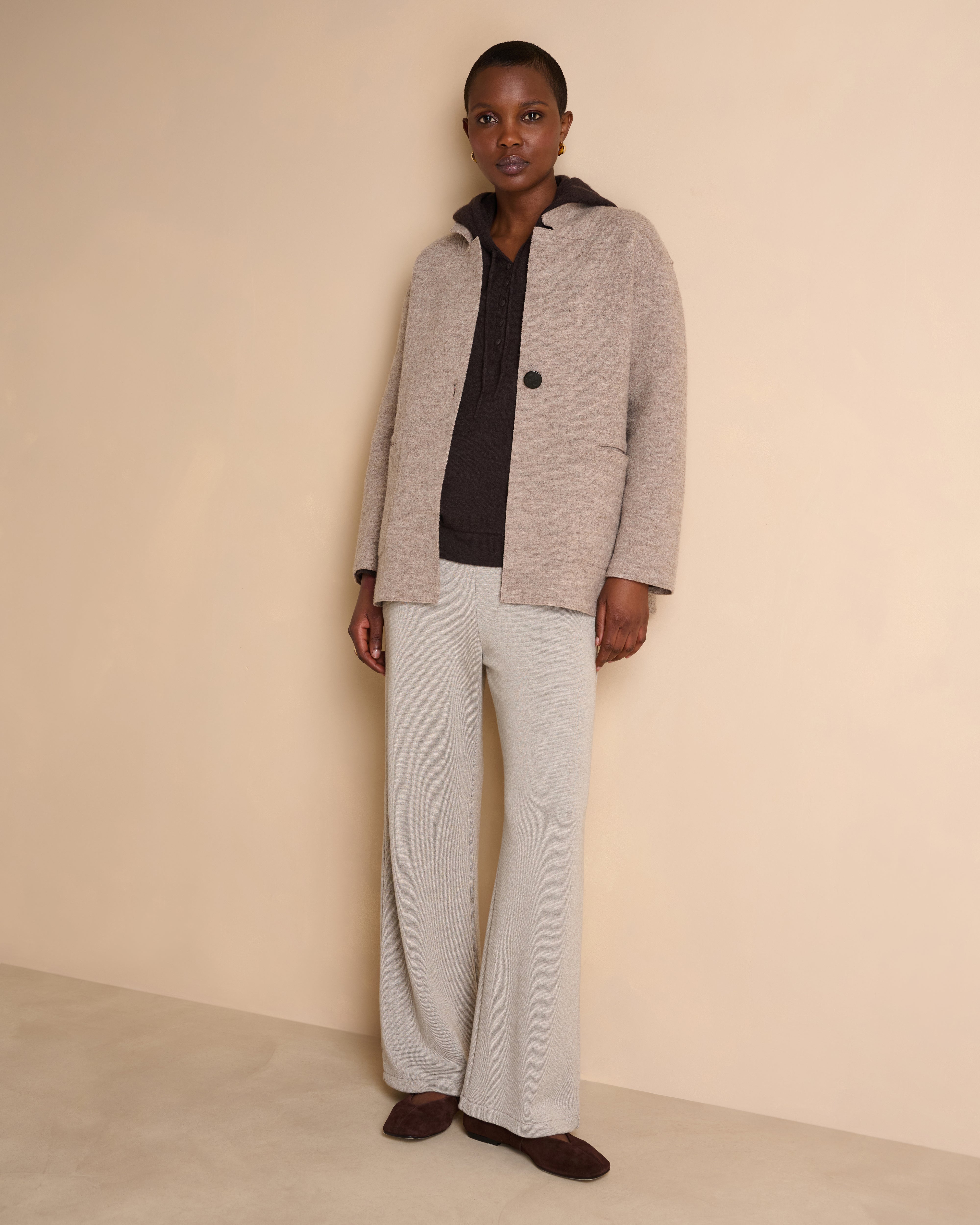 Pantalon beige large en laine mérinos