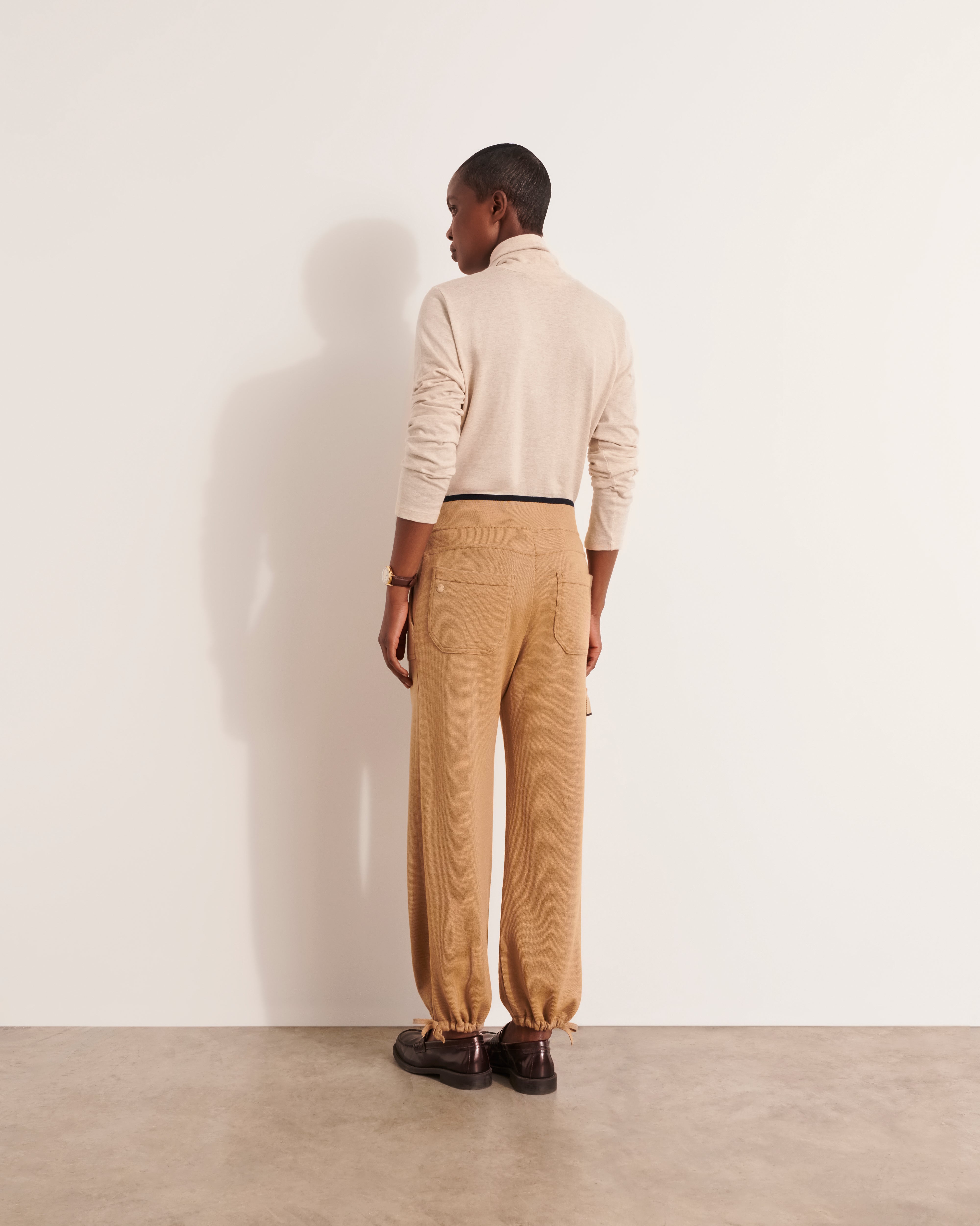 Pantalon cargo en maille jersey et laine mérinos beige sable