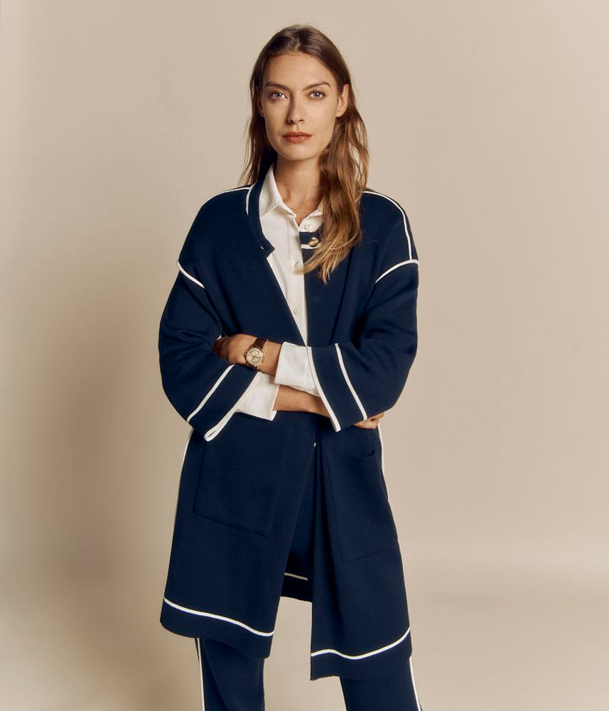 Manteau maille en laine Mérinos à galon contrasté NAVIRE/81001/886