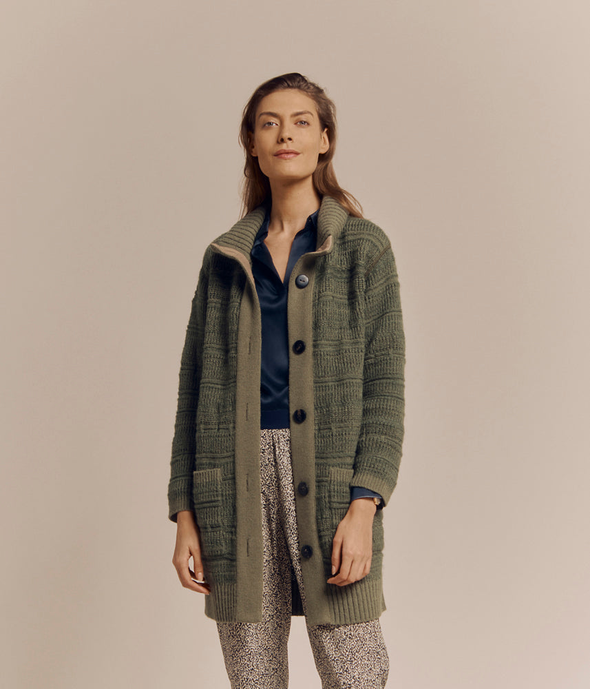 Ecological Jacquard knit coat in wool and Alpaca NORWAY-UNI/82083/801